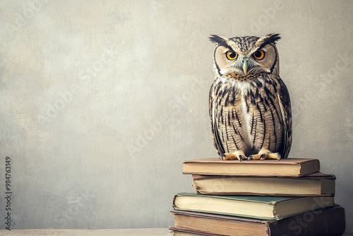 Wallpaper Mural An owl, the symbol of pedagogy, perched atop a stack of books, representing knowledge and education, perfect for academic or educational themes Torontodigital.ca