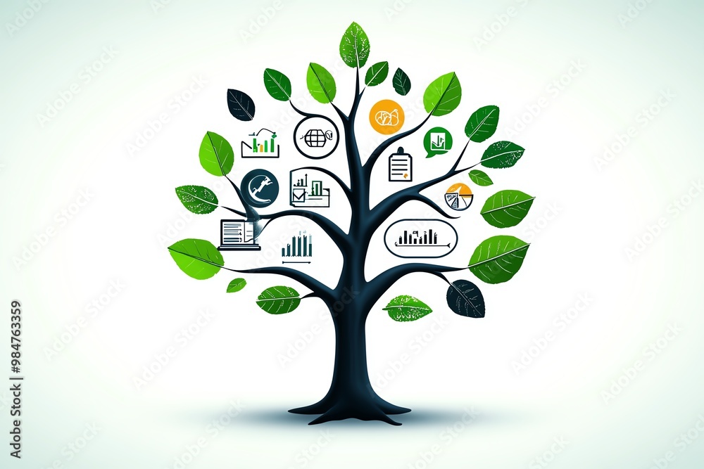Abstract tree of growth, with branches representing different aspects of business development like strategy, marketing, and innovation Abstract tree of growth, with branches representing different aspects of business development like strategy, marketing, and innovation