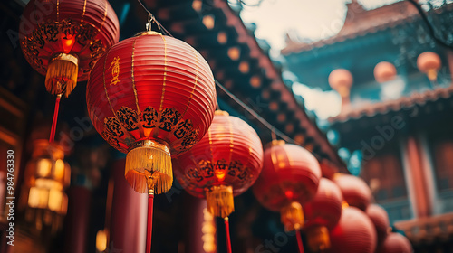 Close-up of red lanterns and decorative banners hanging in front of a traditional Chinese building, symbolizing luck and prosperity.  photo