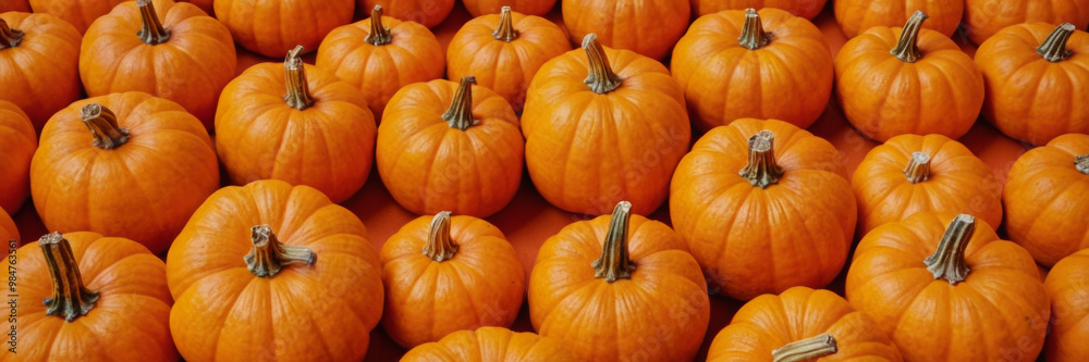 An array of various pumpkins of different sizes and colors arranged on a flat surface. This image represents autumn, harvest season, and is ideal for themes related to Thanksgiving or fall decorations