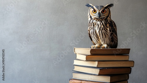 Wallpaper Mural An owl, the symbol of pedagogy, perched atop a stack of books, representing knowledge and education, perfect for academic or educational themes Torontodigital.ca