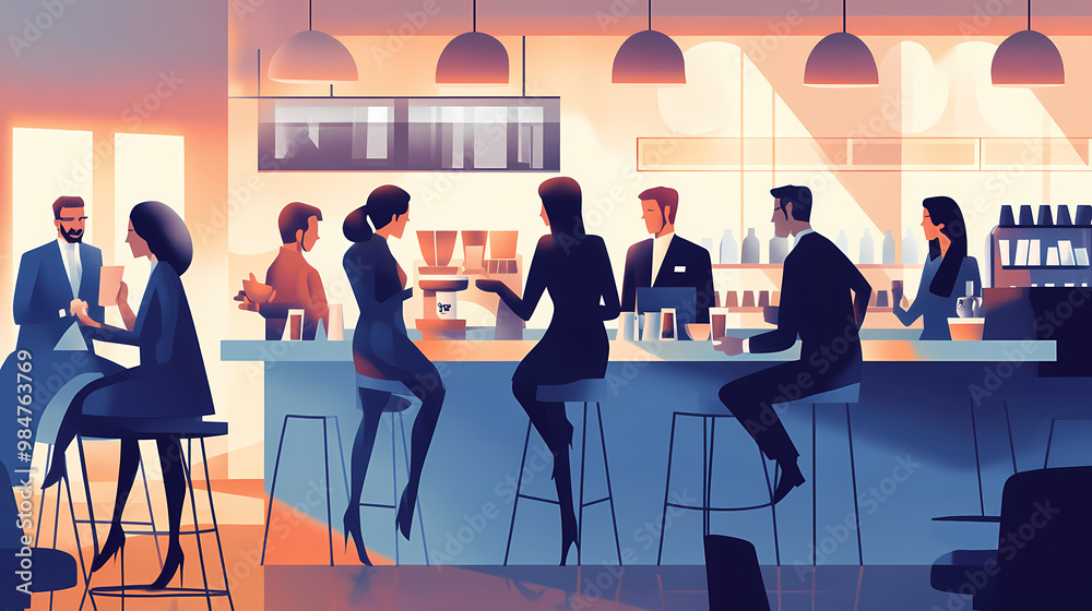 Business people enjoying coffee and drinks while having meetings in cafes and bars. Crowded Caf. Illustration
