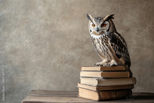 Wallpaper Mural An owl, the symbol of pedagogy, perched atop a stack of books, representing knowledge and education, perfect for academic or educational themes Torontodigital.ca