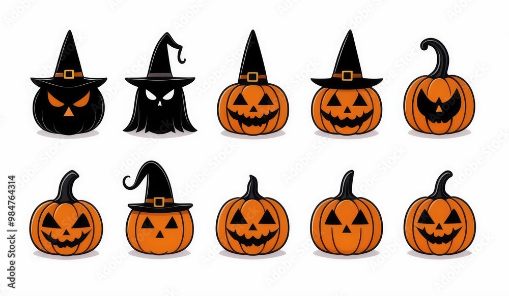 Halloween icons a pumpkin, ghost, bat, witch hat, black cat, and spider Halloween icons a pumpkin, ghost, bat, witch hat, black cat, and spider
