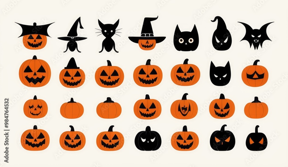 Fototapeta premium Halloween icons a pumpkin, ghost, bat, witch hat, black cat, and spider