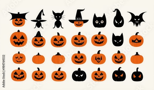 Halloween icons a pumpkin, ghost, bat, witch hat, black cat, and spider