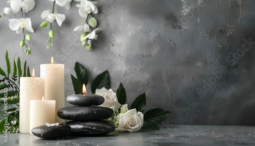 Composition of burning candles, spa stones and flowers on table. Space for text