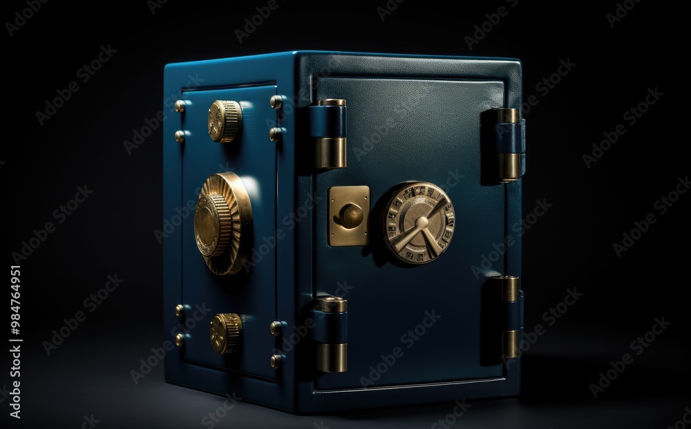 A dark blue safe with gold accents against a black background. A dark blue safe with gold accents against a black background.