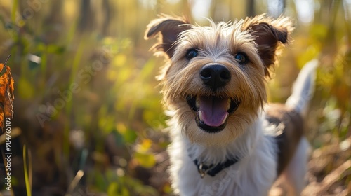 Close-up of a smiling dog with a joyful tail wag, enjoying a sunny day outdoors