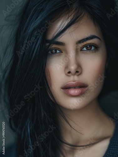 Close-up portrait of a girl with black hair and layered hair, showcasing her captivating eyes. She flaunts eyelash extensions, eyebrow perfection, and enticing lipstick