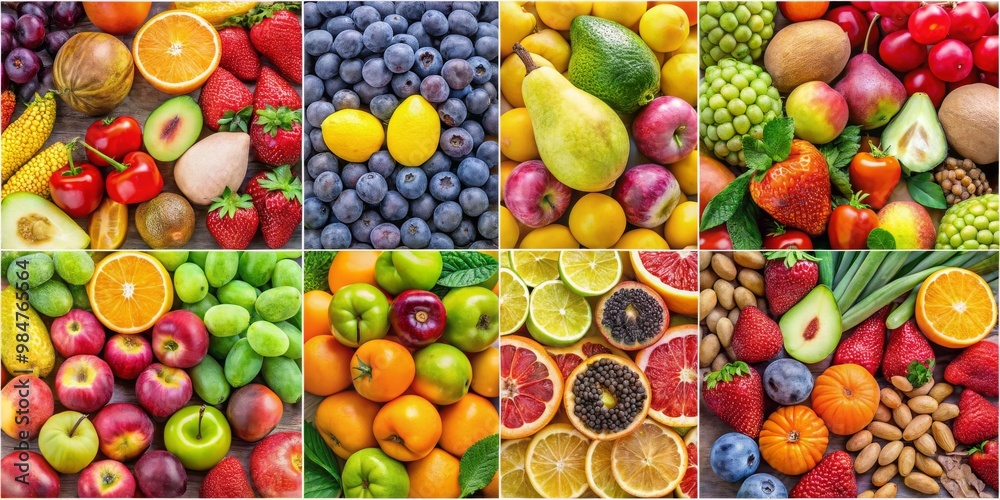 Diverse Bounty of Fresh Fruits and Vegetables Collage - Vibrant Grid Display of Colorful Produce for Food Advertising and Healthy Lifestyle Concepts Diverse Bounty of Fresh Fruits and Vegetables Collage - Vibrant Grid Display of Colorful Produce for Food Advertising and Healthy Lifestyle Concepts
