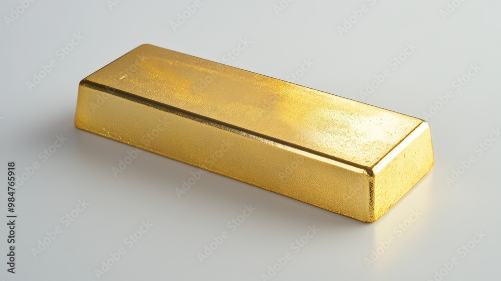Shiny gold bar with a reflective surface and intricate markings, set against a clean white background to highlight its luxurious and sophisticated appeal