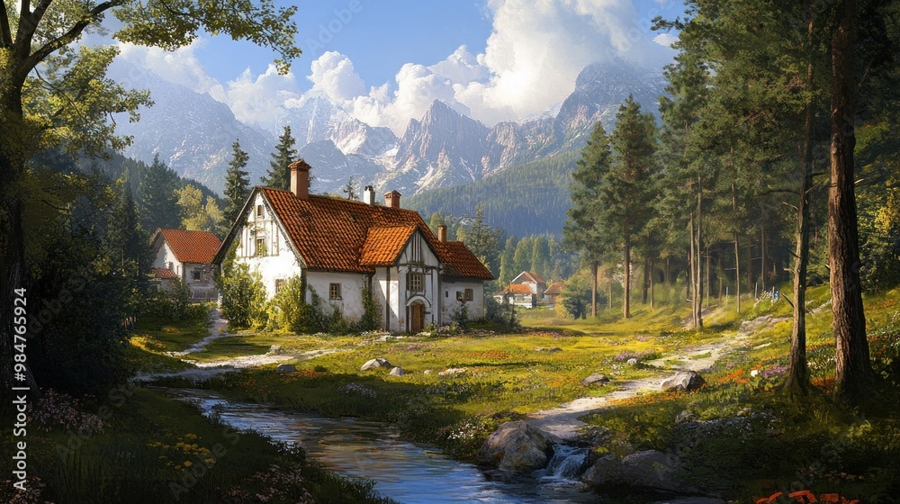 Obraz premium Mountain Cottage Village