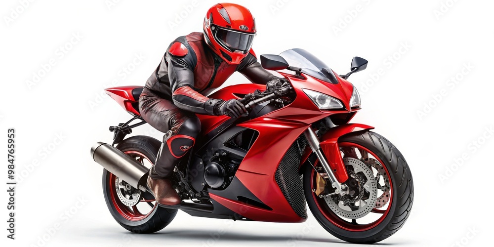 Dynamic Red Motorcycle Rider on White Speedway Elegance, Sporty Thrills Action Packed Racing Scene for Ads, Promotions Dynamic Red Motorcycle Rider on White Speedway Elegance, Sporty Thrills Action Packed Racing Scene for Ads, Promotions