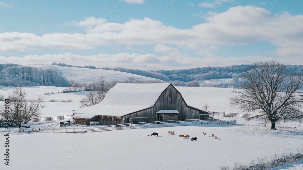 Snowy Farm with Barn and Horses Snowy Farm with Barn and Horses