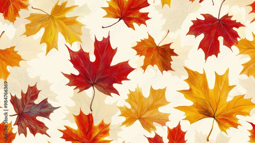 Warm and inviting pattern of fall maple leaves in yellow, red, and orange on a smooth cream background, perfect for seasonal decor