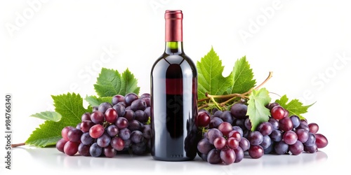 Elegant Red Wine Bottle with Grapes and Leaves on White Background - Luxurious Wine Tasting Concept with Symmetrical Composition and Vibrant Colors