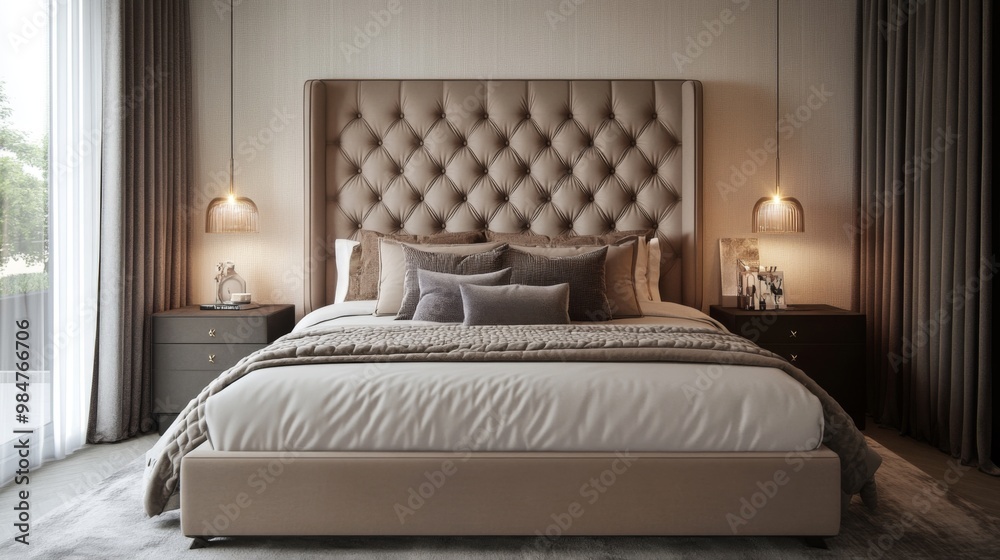 A well-designed bedroom featuring a stylish bed with a tufted headboard, complemented by elegant bedside lamps and a minimalist decor. A well-designed bedroom featuring a stylish bed with a tufted headboard, complemented by elegant bedside lamps and a minimalist decor.