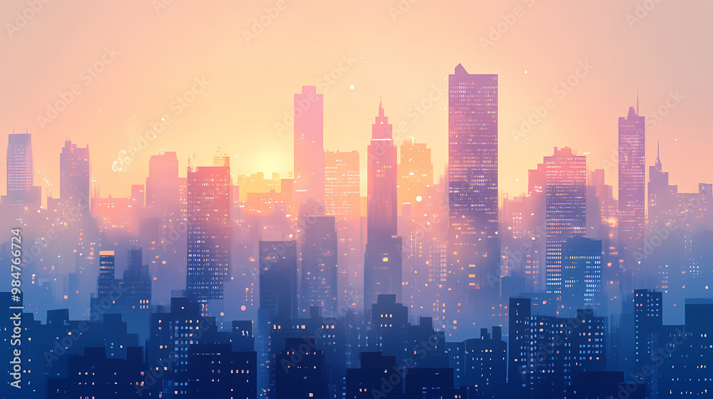 Fototapeta premium City skylines at dawn: close-up of city skylines at dawn, early morning light, and waking cityscape, highlighting the city's peaceful and awakening beauty. City Skyline. Illustration