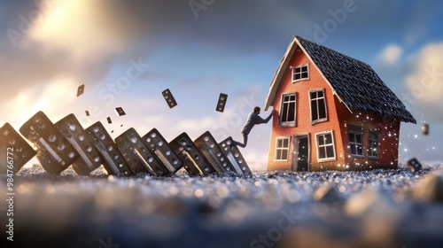 A creative scene featuring a male figure interacting with a whimsical house as dominoes topple behind him.