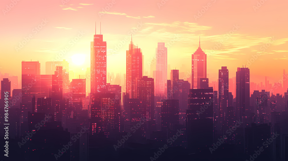 Fototapeta premium City skylines at dawn: close-up of city skylines at dawn, early morning light, and waking cityscape, highlighting the city's peaceful and awakening beauty. City Skyline. Illustration