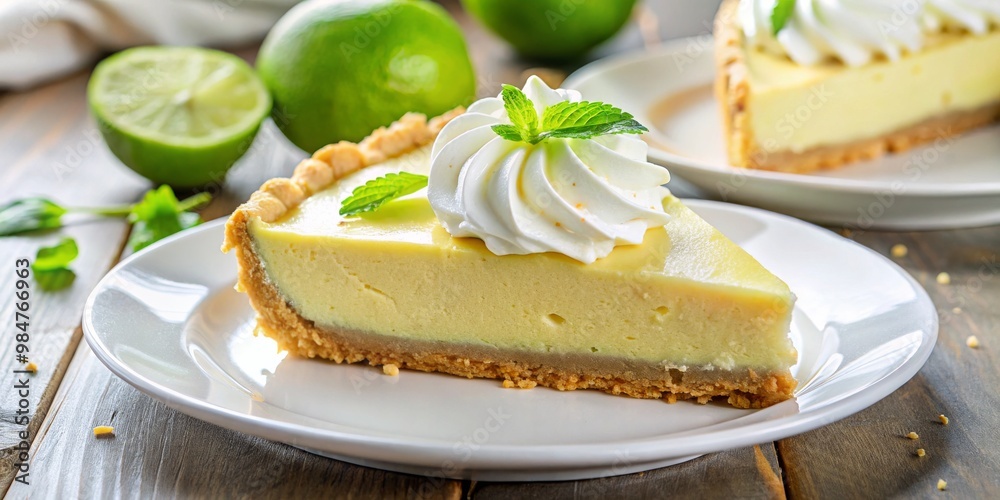Euphoric Key Lime Pie Slice Delight on White Plate, Vibrant Colors of Indulgence, Wooden Table Setting, Freshly Baked Gourmet Dessert Concept Euphoric Key Lime Pie Slice Delight on White Plate, Vibrant Colors of Indulgence, Wooden Table Setting, Freshly Baked Gourmet Dessert Concept