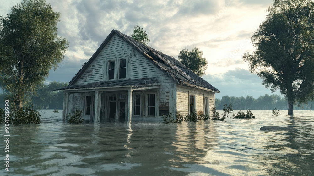 An abandoned, weathered house partially submerged in floodwaters surrounded by lush trees and a dramatic sky. An abandoned, weathered house partially submerged in floodwaters surrounded by lush trees and a dramatic sky.