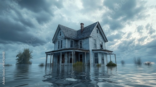 An eerie old white house submerged in water under a stormy gray sky, evoking a haunting and desolate atmosphere.