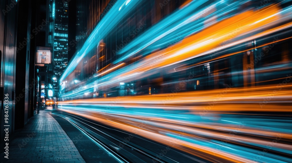Blurred streaks of light from a moving vehicle create a dynamic and abstract effect in a nighttime urban setting. Blurred streaks of light from a moving vehicle create a dynamic and abstract effect in a nighttime urban setting.