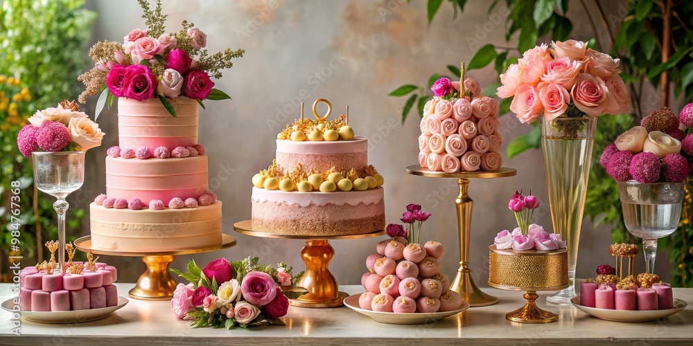 Exquisite Pastries and Cakes on Marble Table Elegant Dessert Display with Floral Accents for Celebratory Occasions, Luxurious Event Styling Exquisite Pastries and Cakes on Marble Table Elegant Dessert Display with Floral Accents for Celebratory Occasions, Luxurious Event Styling
