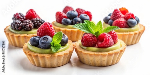 Exquisite Fruit Tarts Arrangement Vibrant Flavors on a White Canvas, Ideal for Food Blogs, Ads, and Celebratory Themes