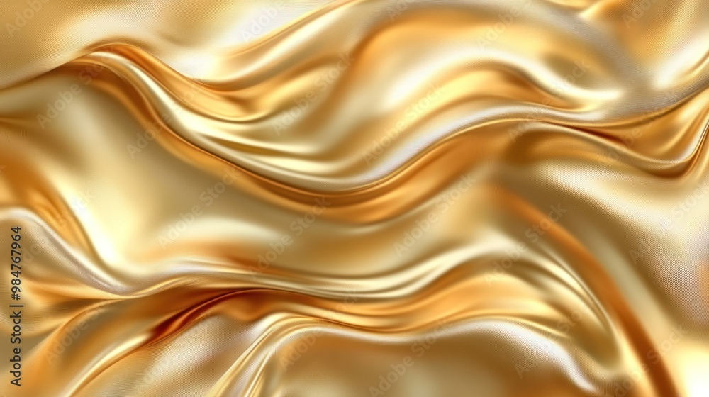 Fototapeta premium A close-up view of shimmering golden silk fabric, creating a luxurious and elegant appearance with flowing waves.