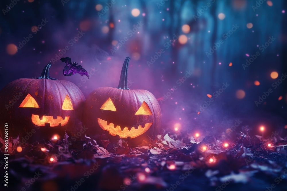 Naklejka premium Halloween background with pumpkins, glowing lights, and a dark purple sky Halloween concept backdrop Generative AI