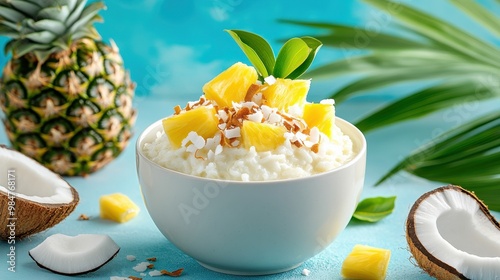 A refreshing bowl of creamy yogurt topped with pineapple, coconut flakes, and mint leaves against a vibrant blue background. photo