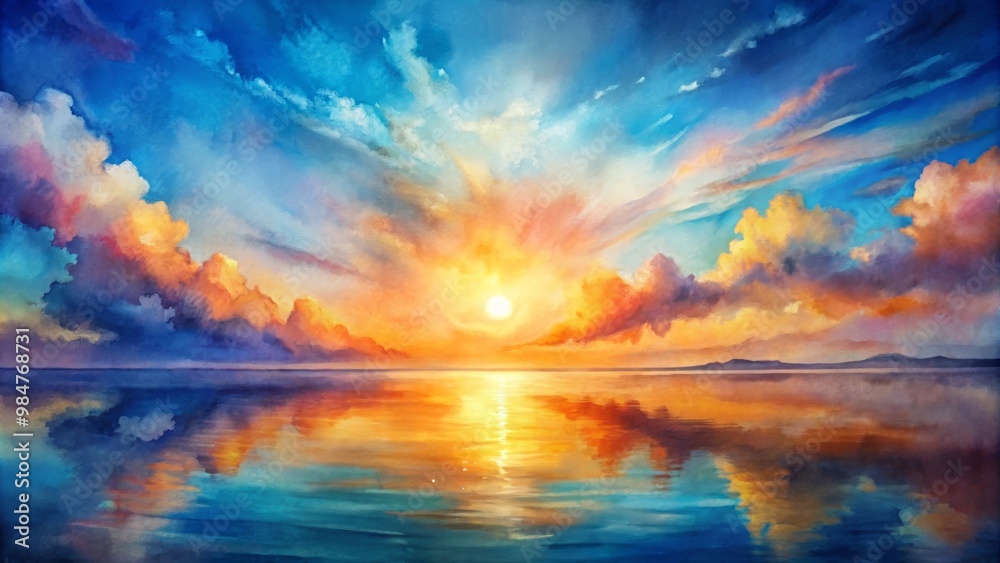 A breathtaking sunrise over a calm ocean, showcasing vibrant colors and dramatic clouds reflecting on the water's surface. A breathtaking sunrise over a calm ocean, showcasing vibrant colors and dramatic clouds reflecting on the water's surface.