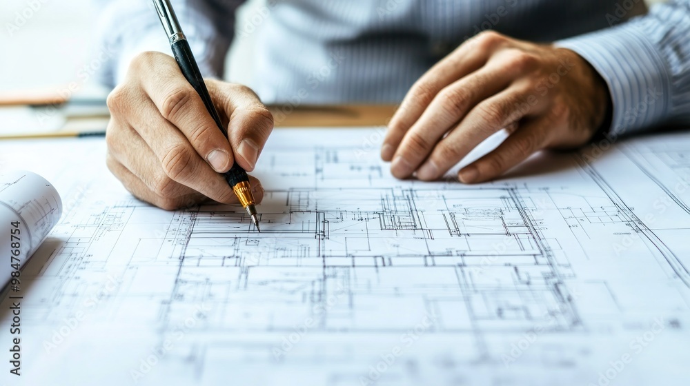 A focused male architect, of Middle-Eastern descent, sketches architectural designs on blueprints with precision.