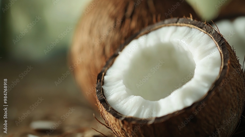 Close-up of a Cracked Coconut with White Flesh Close-up of a Cracked Coconut with White Flesh
