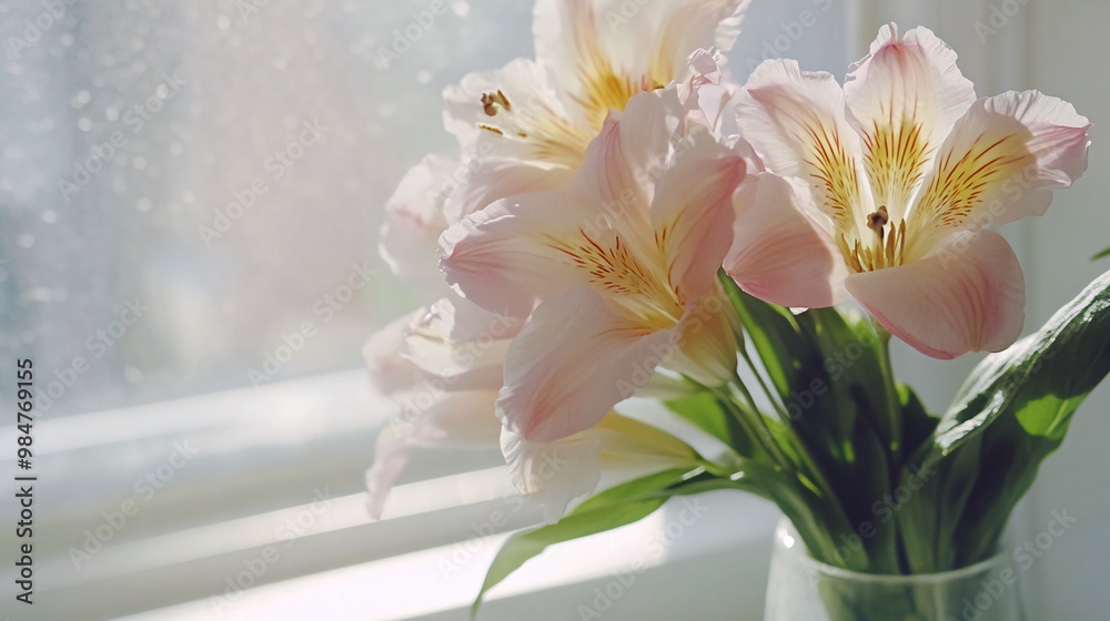 Obraz premium A bouquet of delicate pink and white flowers in a glass vase sits on a windowsill, bathed in soft sunlight. The flowers are in focus, while the window and background are blurred.