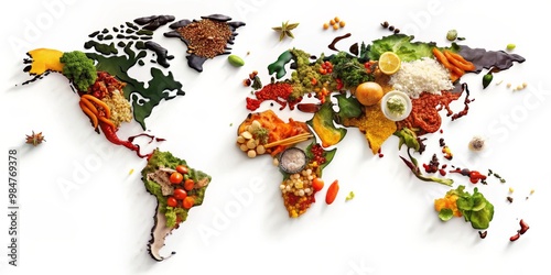 Fototapeta Naklejka Na Ścianę i Meble -  Global Gastronomy World Map Made of Vibrant Food Delights on White Background, Culinary Diversity and Unity Concept