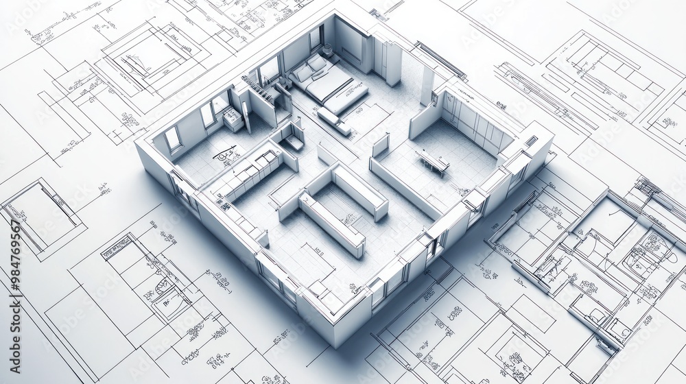 An intricate architectural blueprint of a modern home design in a monochrome style. An intricate architectural blueprint of a modern home design in a monochrome style.