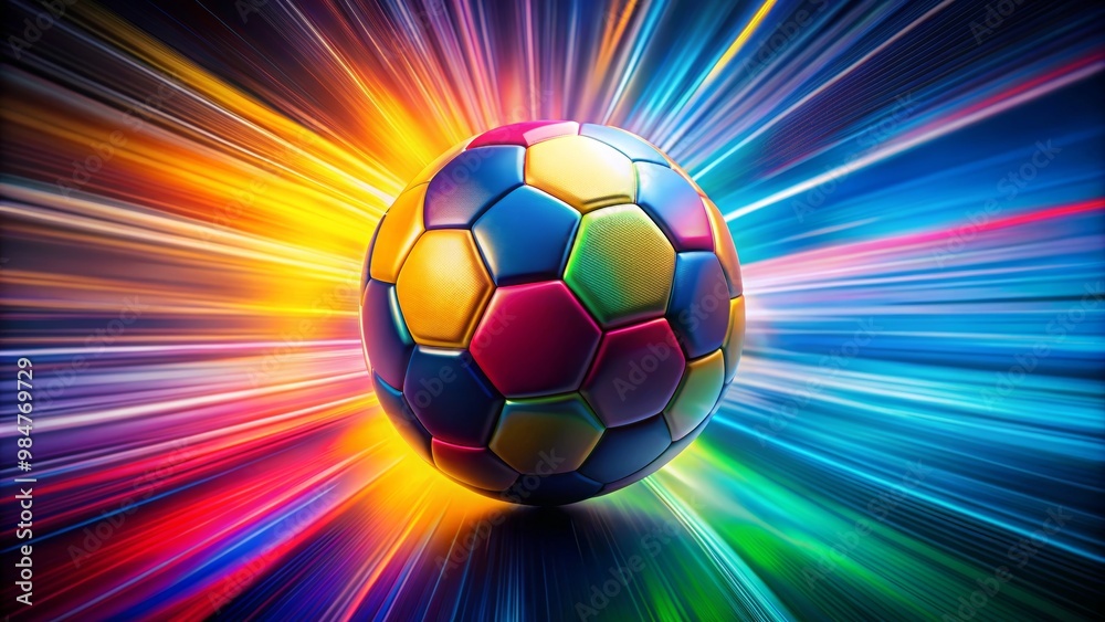 Obraz premium A vibrant and colorful soccer ball set against a dynamic backdrop of explosive colors, symbolizing motion and energy.