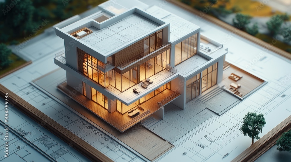 A modern architectural model of a minimalist house, showcasing large glass windows and wooden elements, illuminated warmly. A modern architectural model of a minimalist house, showcasing large glass windows and wooden elements, illuminated warmly.