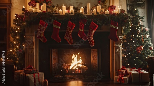 A beautifully decorated fireplace with garlands, red ribbons, and glowing candles, with stockings hanging above the fire.