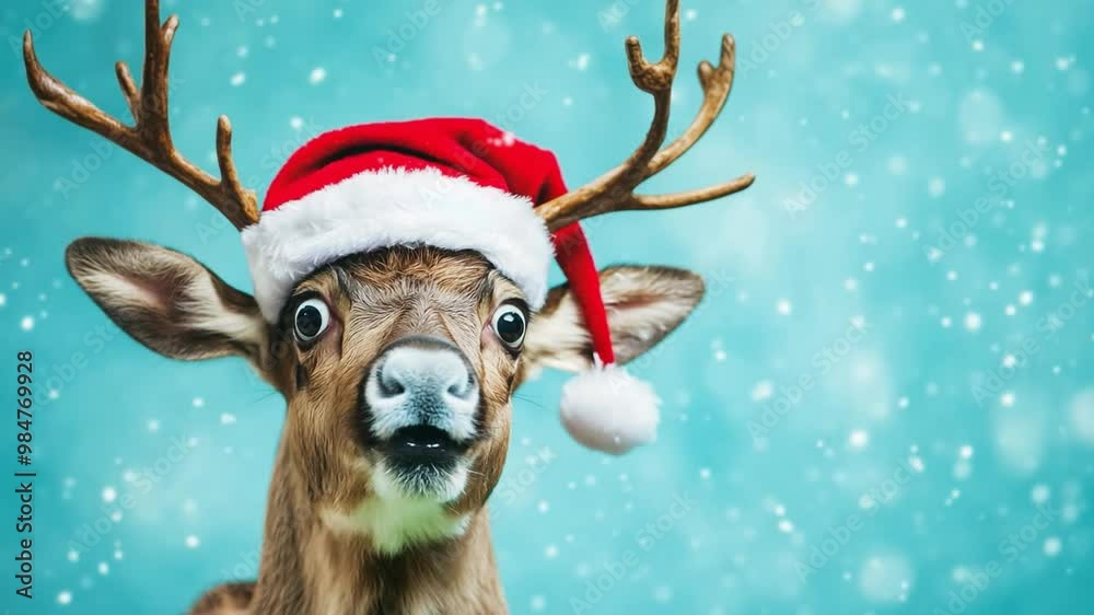 A delightful deer adorned with a red Santa hat opens mouth in surprised expression amid a light snowfall