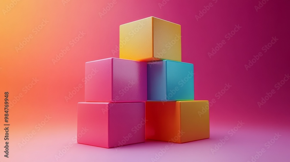 A stack of colorful blocks on a pink background A stack of colorful blocks on a pink background