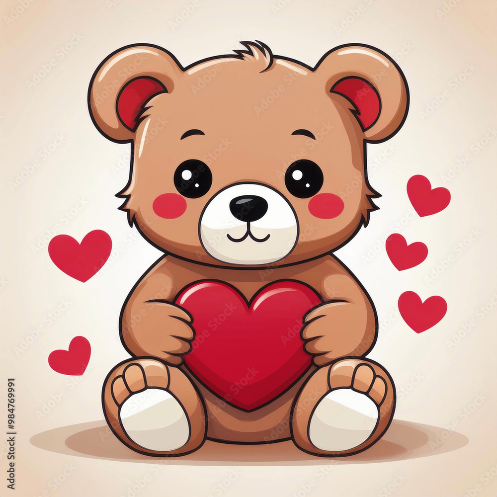 Obraz premium Cartoon teddy bear with a heart, cartoon illustration.