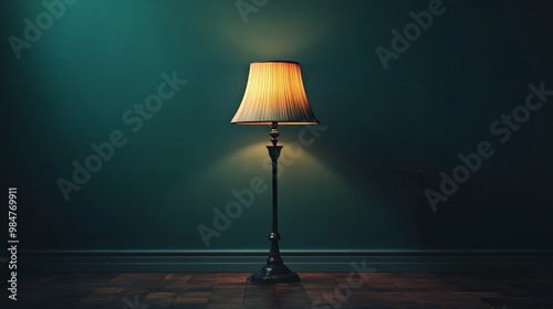 A lamp is lit up in a dark room