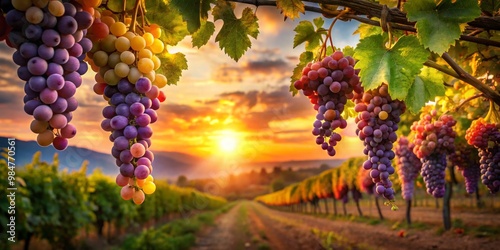 Golden Harvest Closeup Clusters of Ripe Grapes in Lush Vineyard at Sunset - Serene Wine Country Landscape, Abundant Nature Beauty