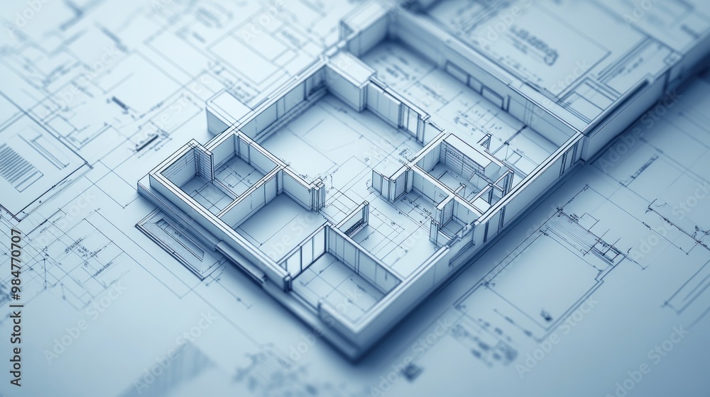 Architectural blueprint showcasing a detailed floor plan of a modern residential space. Architectural blueprint showcasing a detailed floor plan of a modern residential space.