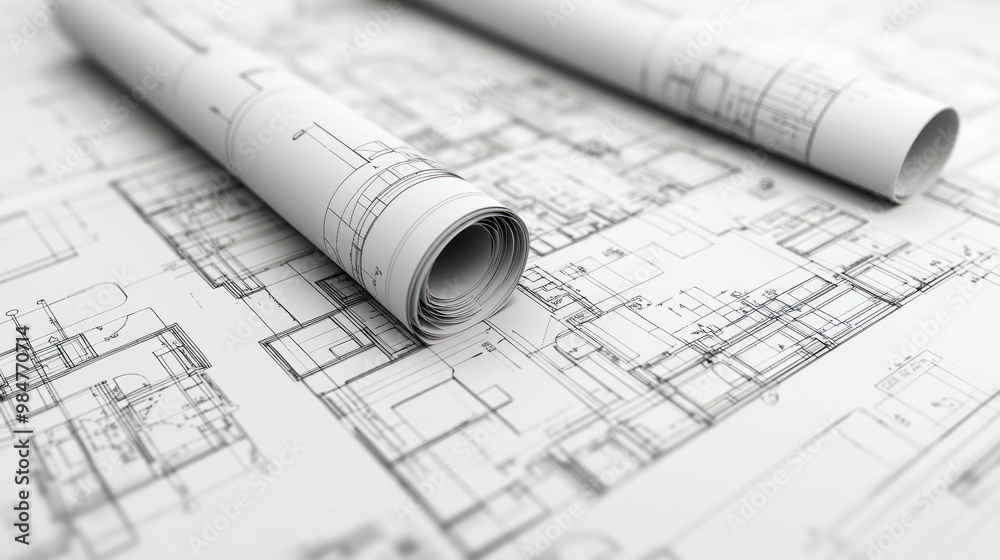 Detailed architectural blueprints rolled out on a flat surface, showcasing intricate designs and plans. Detailed architectural blueprints rolled out on a flat surface, showcasing intricate designs and plans.